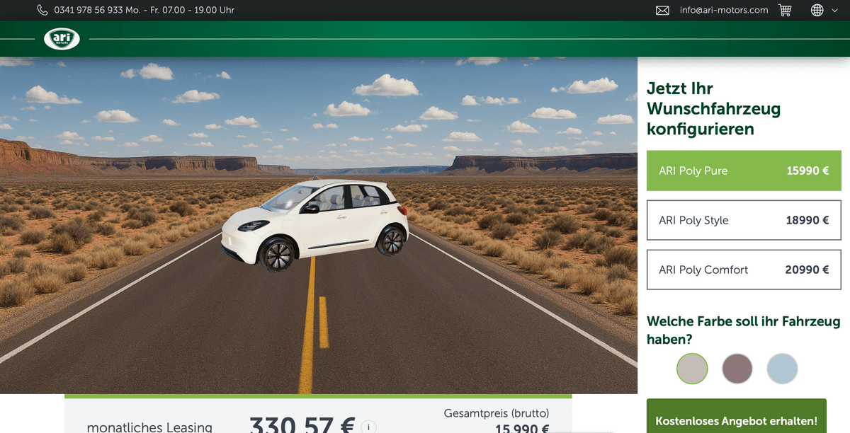Jetzt neu: ARI Poly Elektroauto im 3D-Konfigurator zusammenstellen