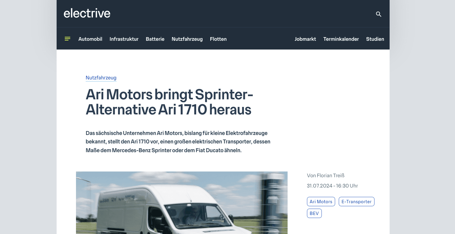 Electrive stellt ARI 1710 als Alternative zum Sprinter vor
