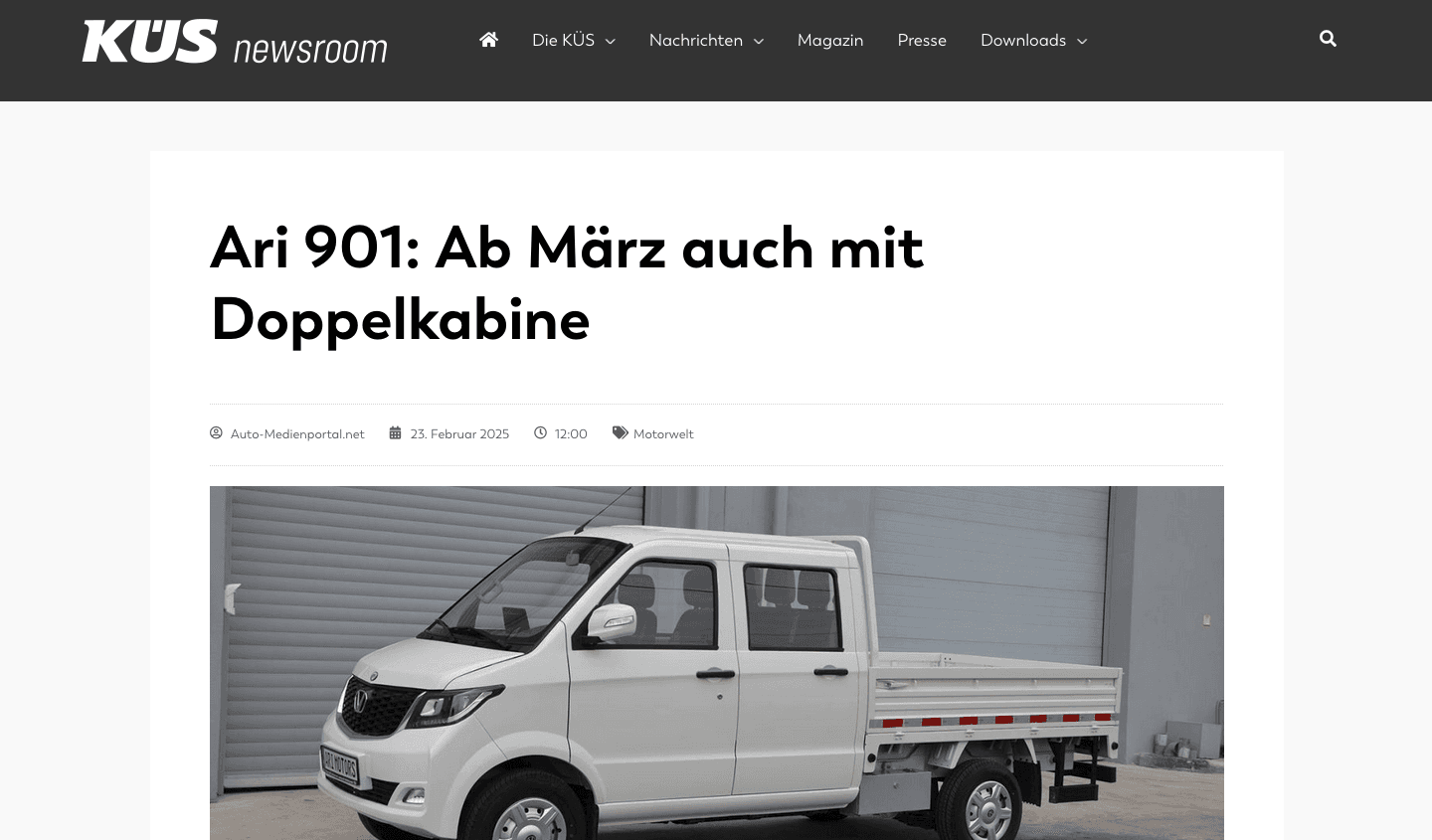 KÜS Newsroom berichtet über den neuen ARI 901 mit Doppelkabine
