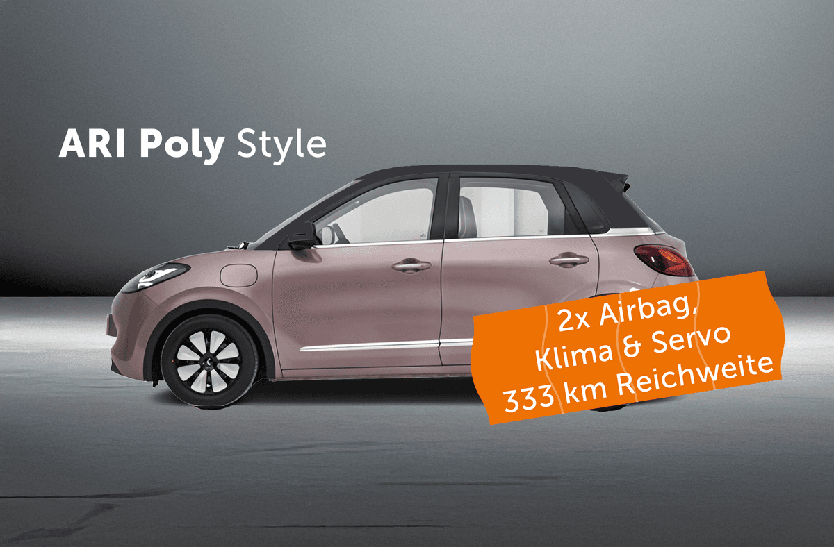 ARI Poly Elektroauto in der Variante: Style – mit 16-Zoll-Leichtmetallfelgen stilvoll unterwegs