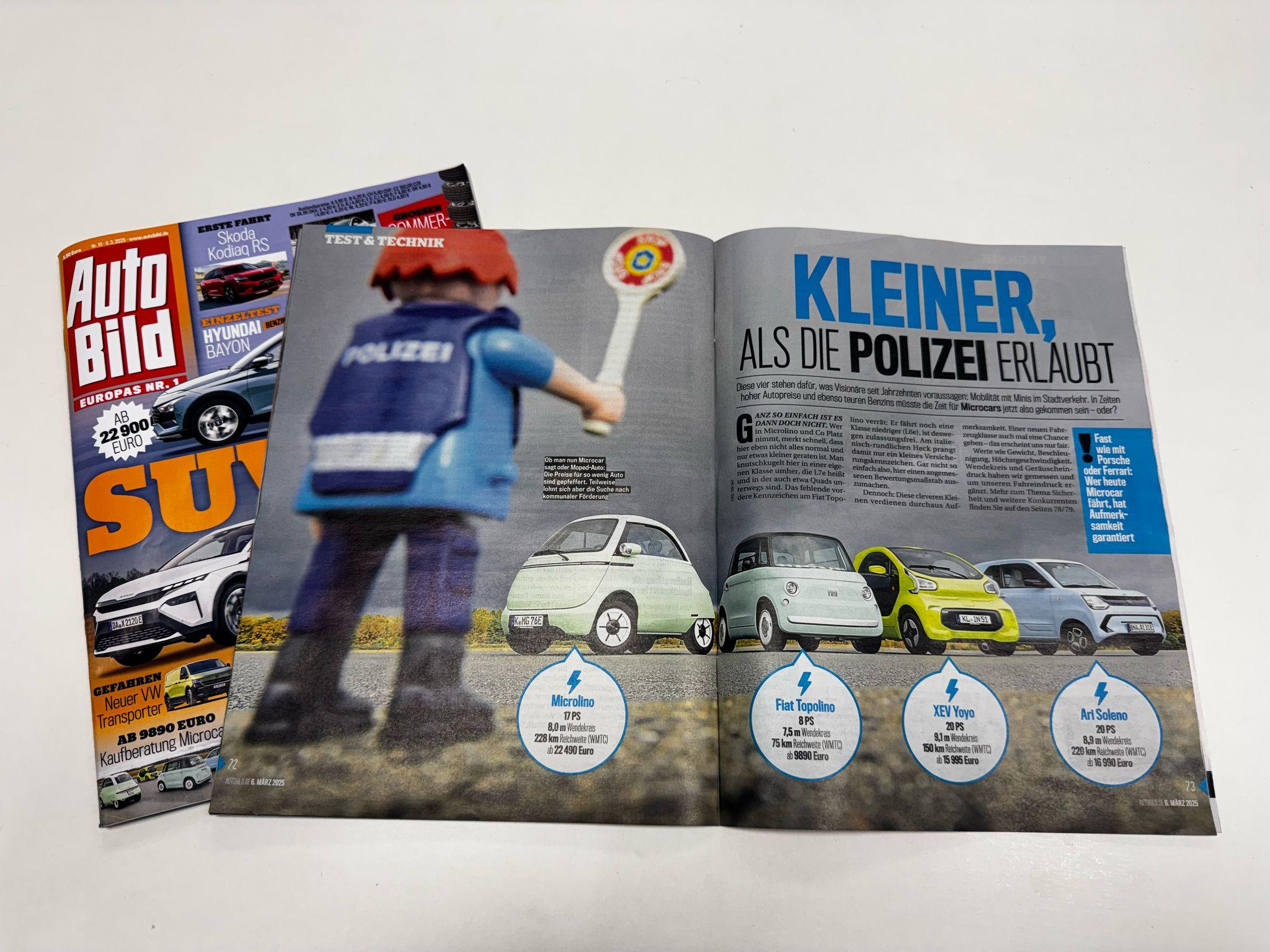 ARI Soleno neben Fiat Topolino, XEV Yoyo und Microlino im großen MicroCar Test