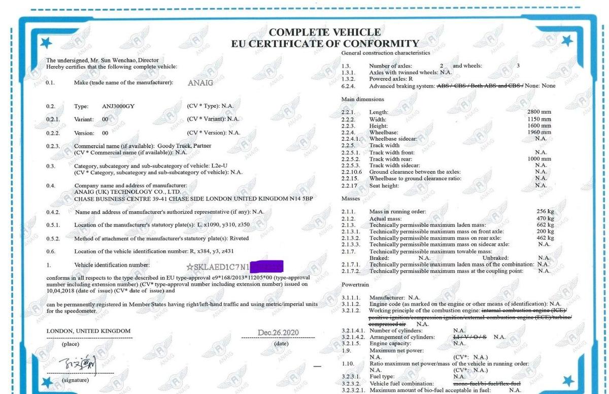 COC Unterlagen für ARI 345 Lastenmoped