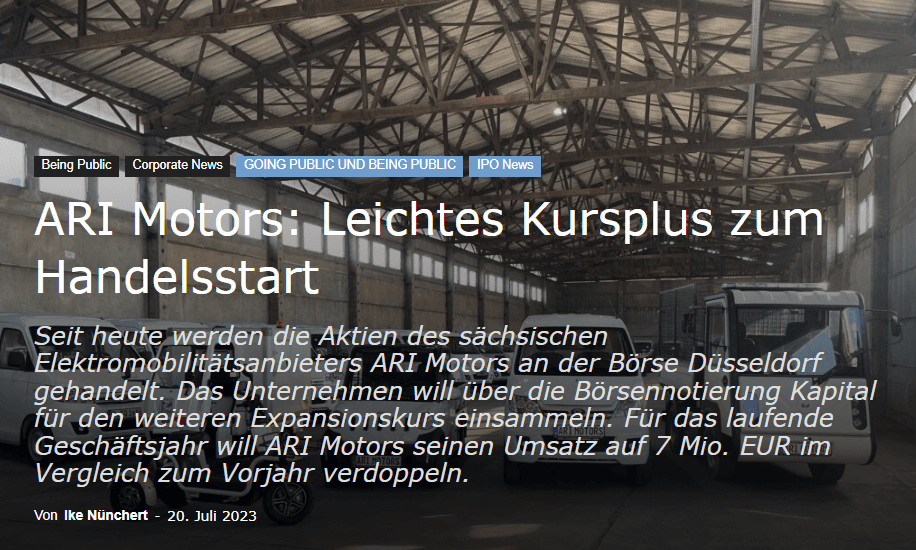 Goingpublic verweist auf leichtes Kursplus zum Handelsstart von ARI Motors