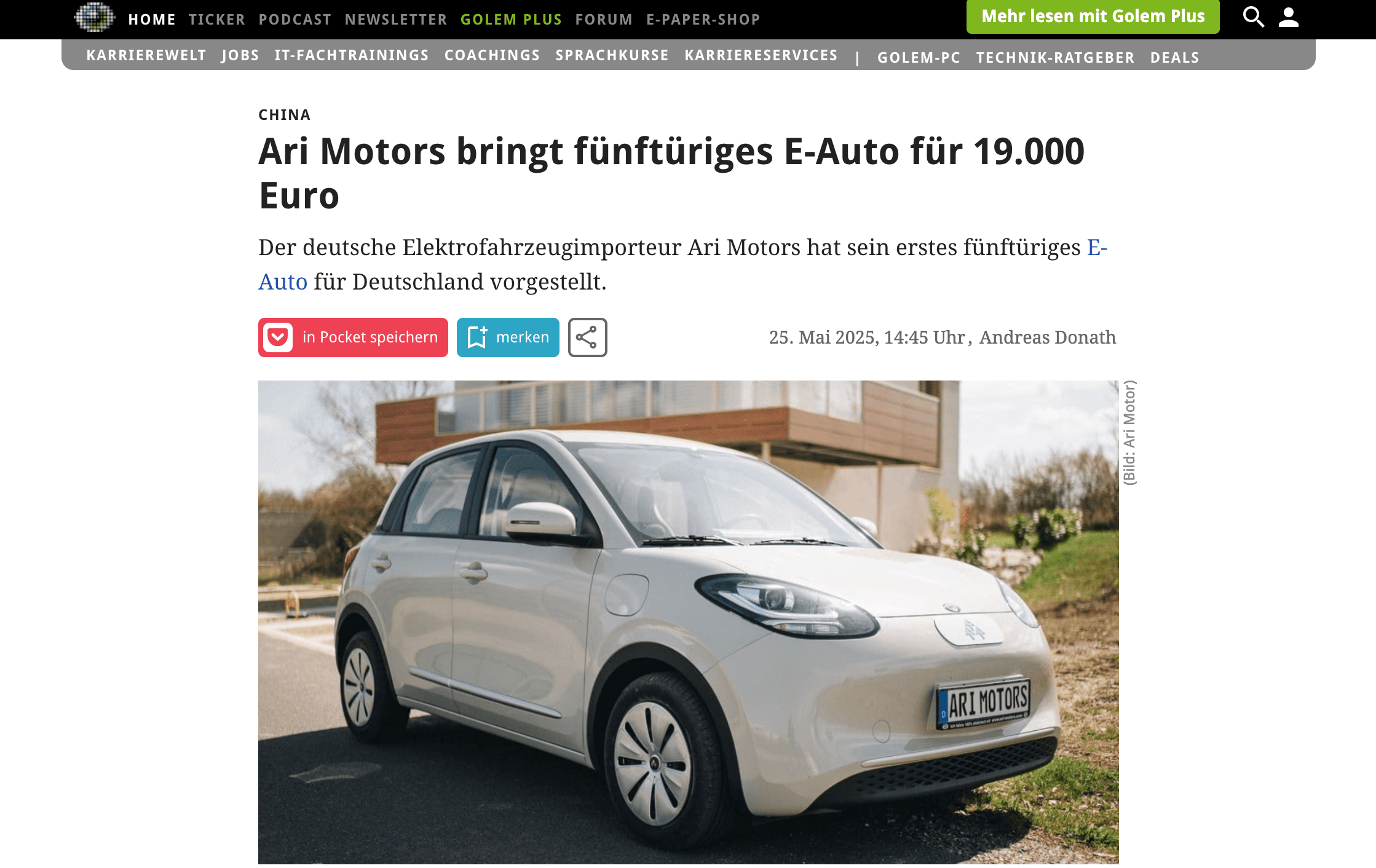 Golem berichtet über den ARI Poly: Neuer Elektro-Kleinwagen für 19.000 Euro aus Sachsen