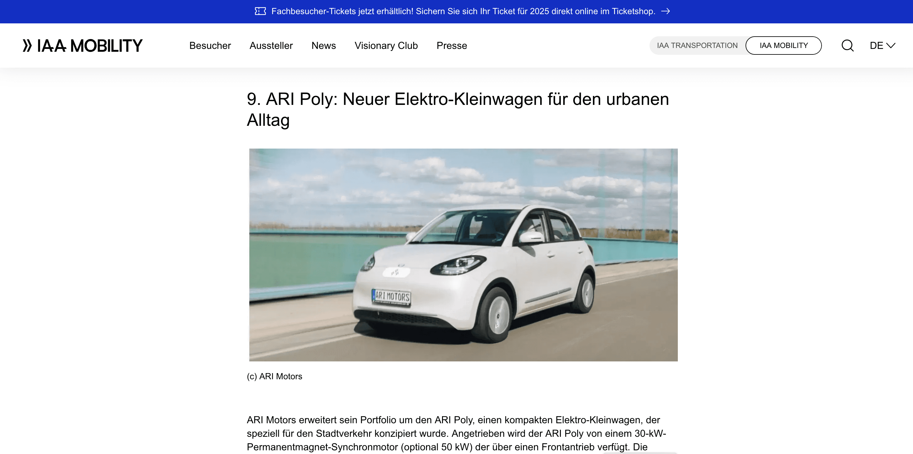 IAA Mobility berichtet über den ARI Poly: Neuer E-Kleinwagen für die Stadt mit bis zu 410 km Reichweite