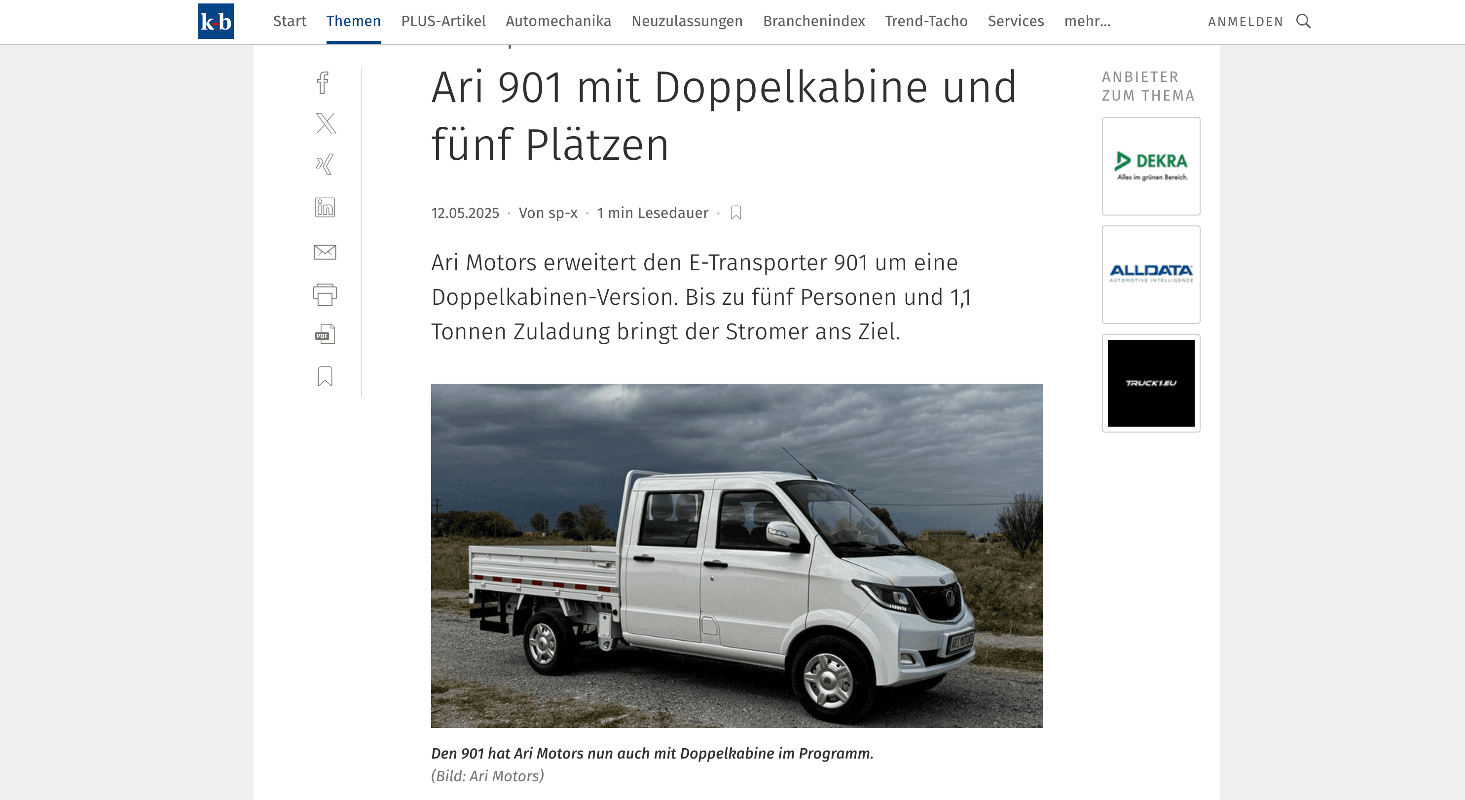 kfz betrieb berichtet über ARI 901 Doppelkabine: Elektrischer Team-Transporter für Handwerk und Bau
