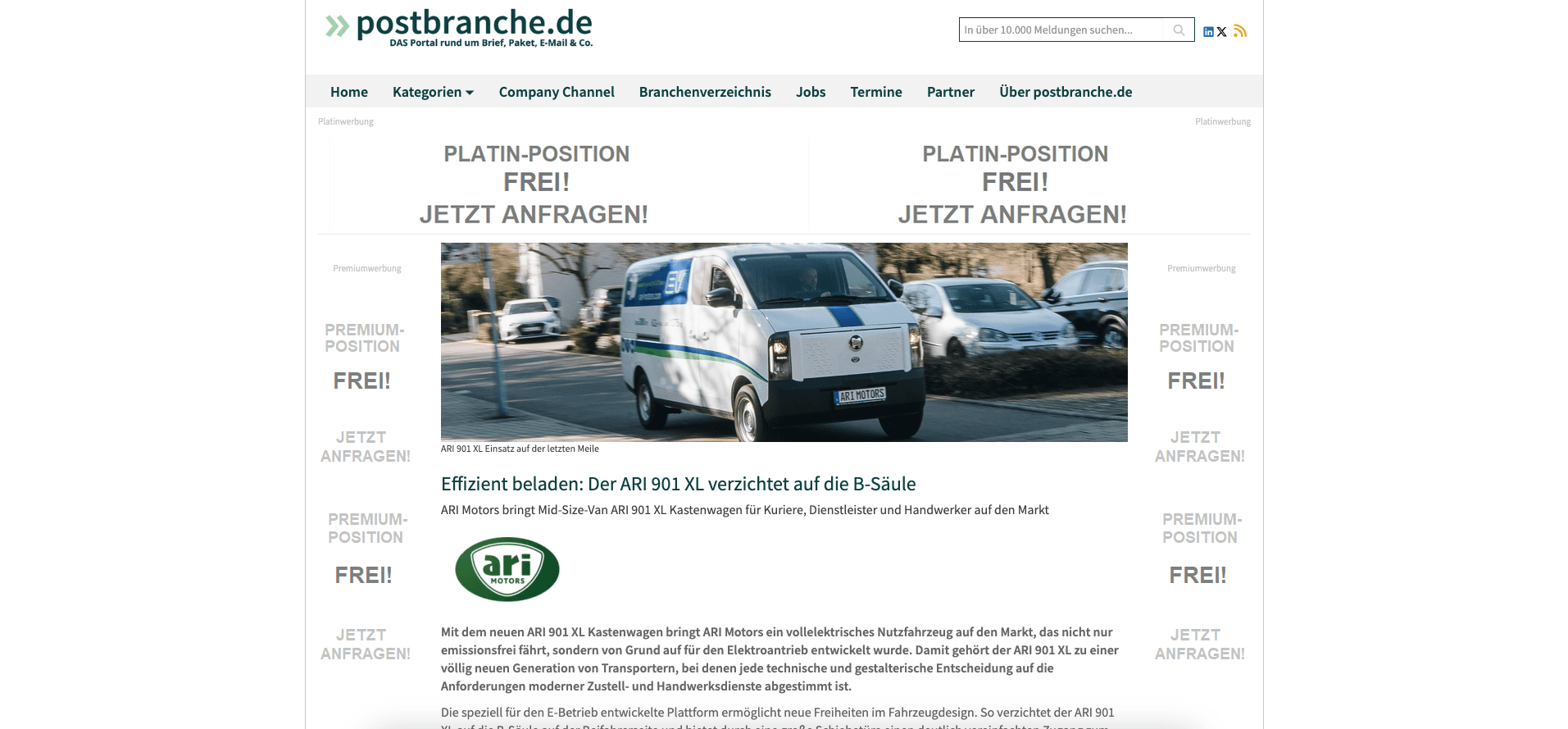 Postbranche über ARI 901 XL – Elektro-Transporter mit großem Potenzial für Zusteller und Dienstleister