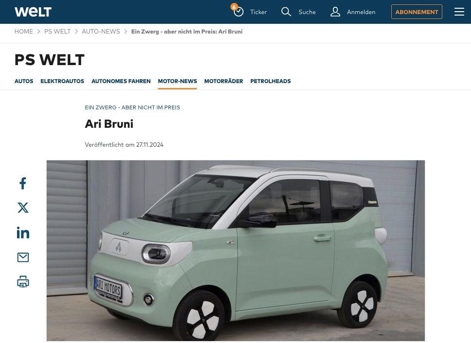 WELT berichtet über den ARI Bruni: Kompakter Viersitzer für den elektrischen Stadtverkehr