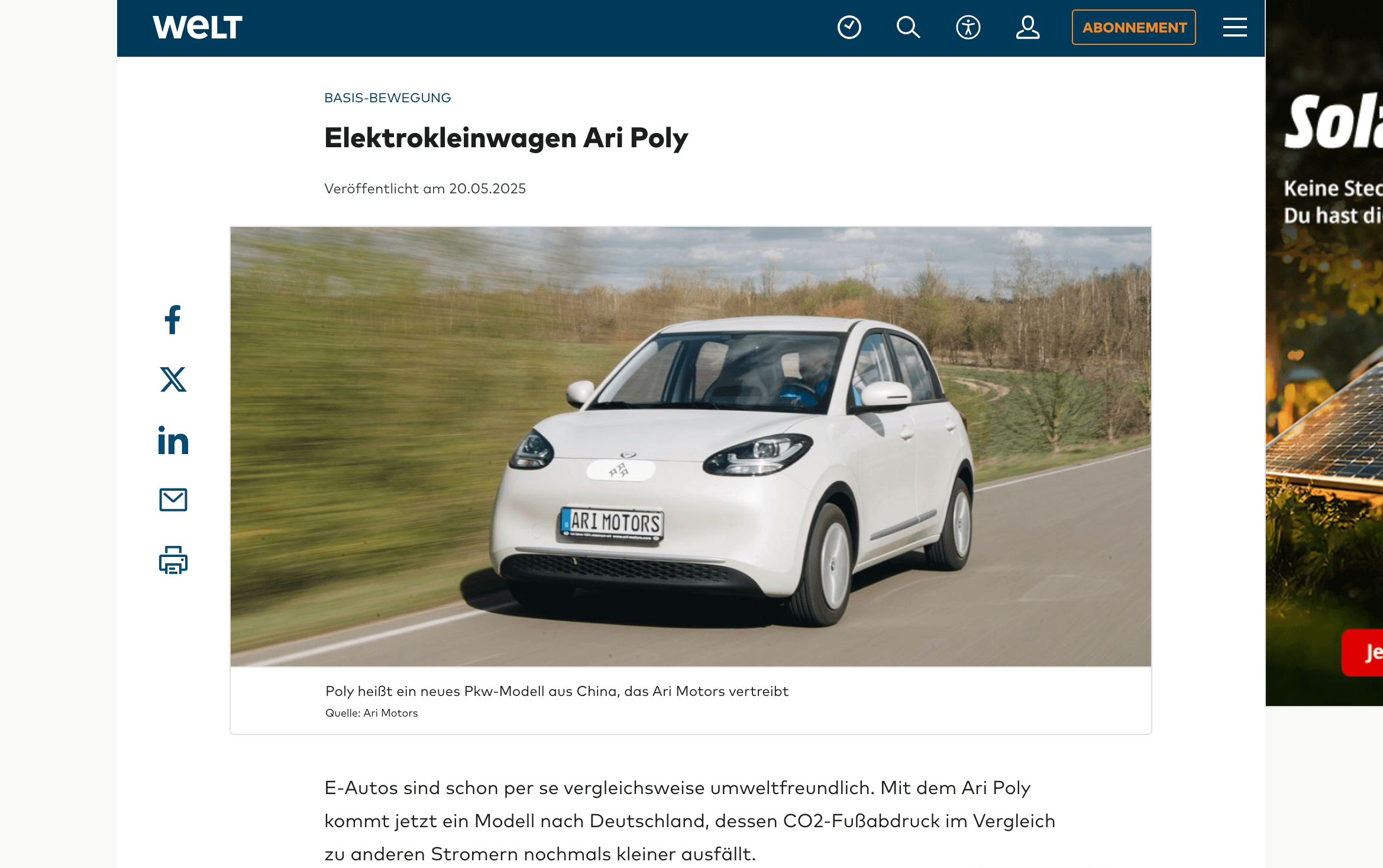 Welt hebt geringen CO₂-Fußabdruck und Alltagstauglichkeit des ARI Poly hervor
