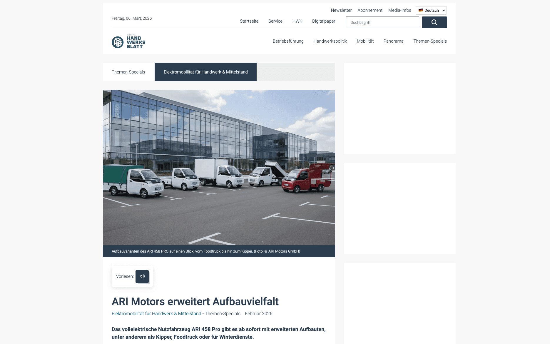 Das Handwerksblatt berichtet über die erweiterte Aufbauvielfalt des elektrischen Kleintransporters ARI 458 Pro