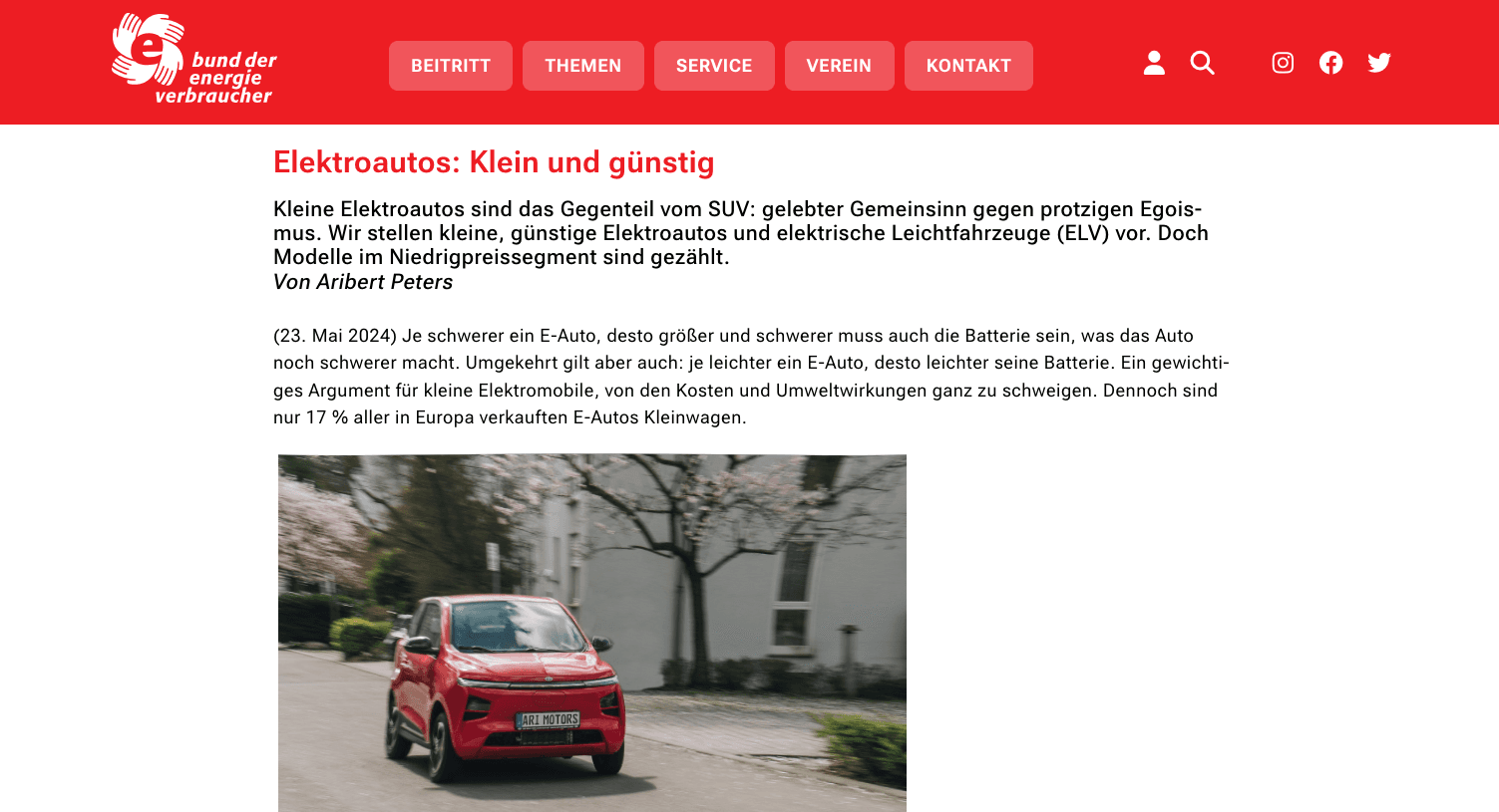 Bund der Energieverbraucher berichtet über kleine Elektroautos und den ARI 902