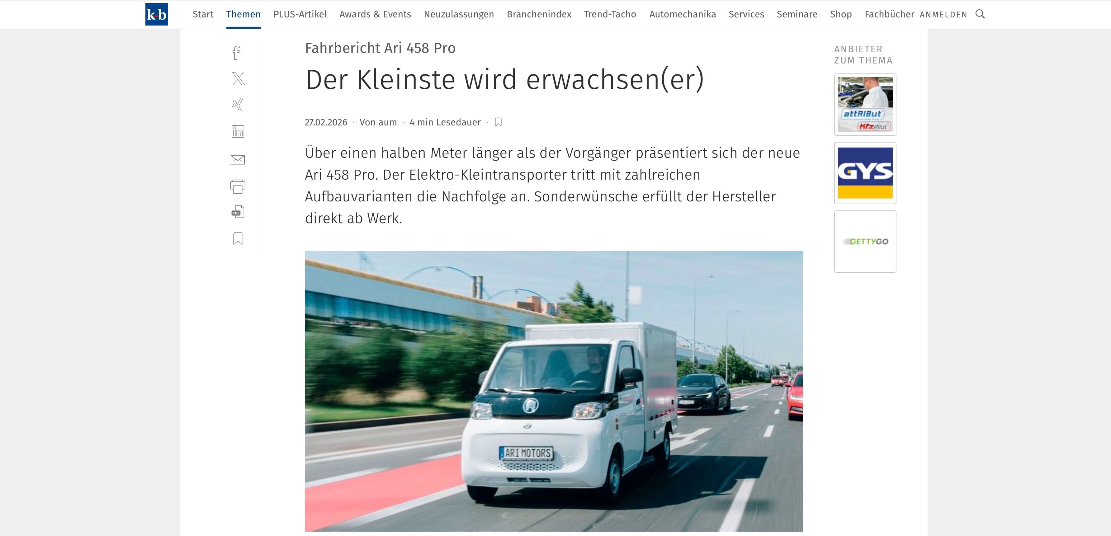 kfz-betrieb veröffentlicht einen Fahrbericht des ARI 458 Pro
