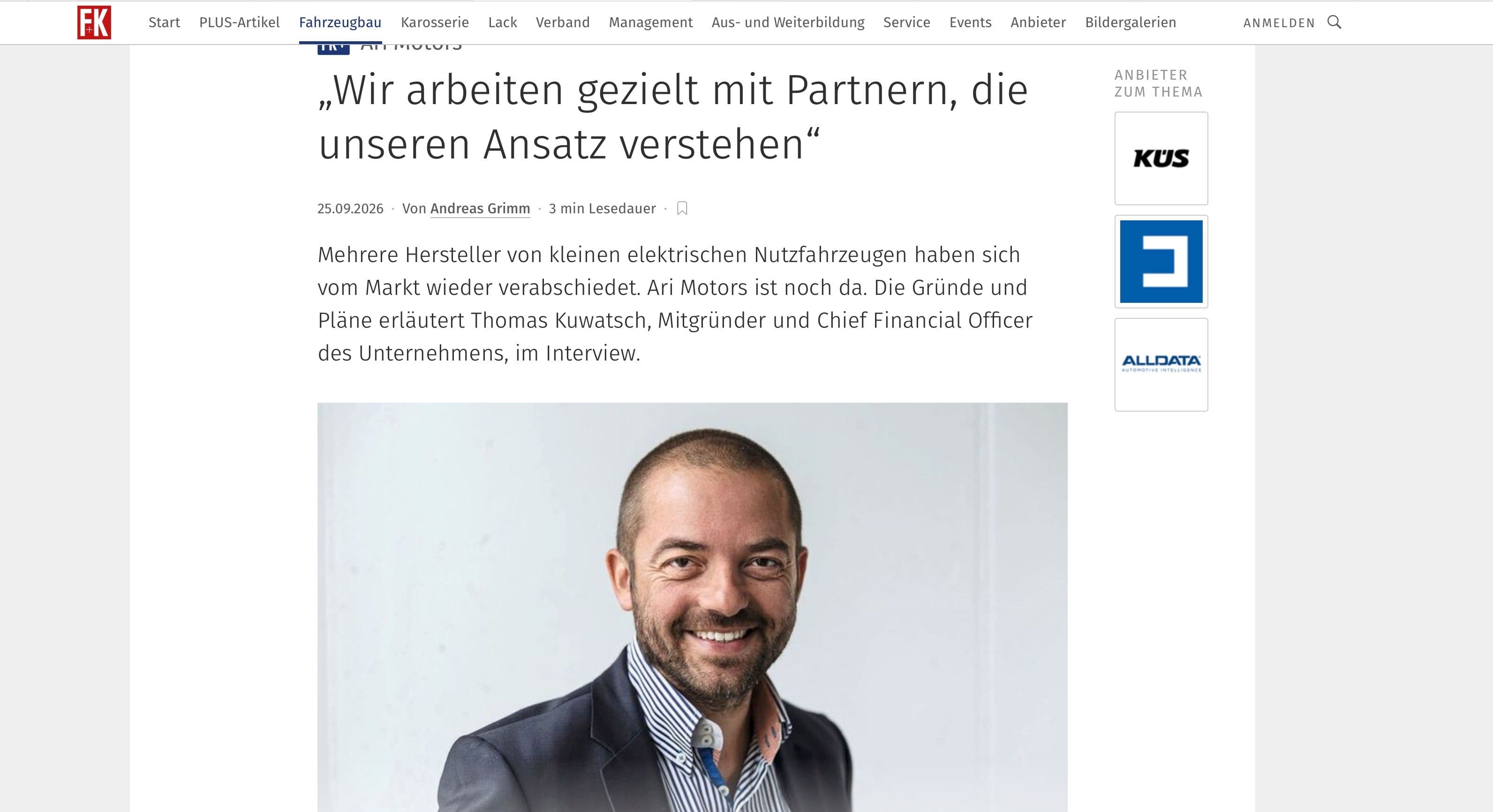 Fahrzeug+Karosserie veröffentlicht ein Interview mit ARI-Motors-Mitgründer Thomas Kuwatsch
