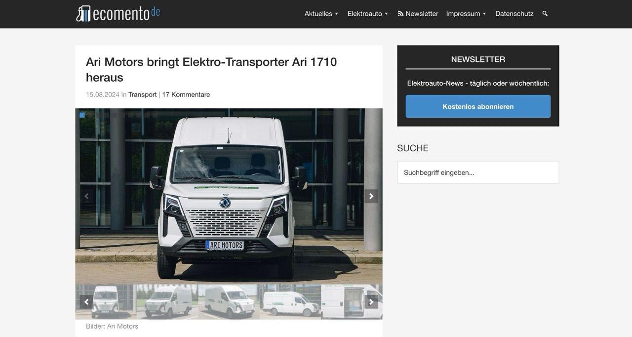 Ecomento berichtet über ARI 1710 als neuen E-Transporter bei ARI Motors