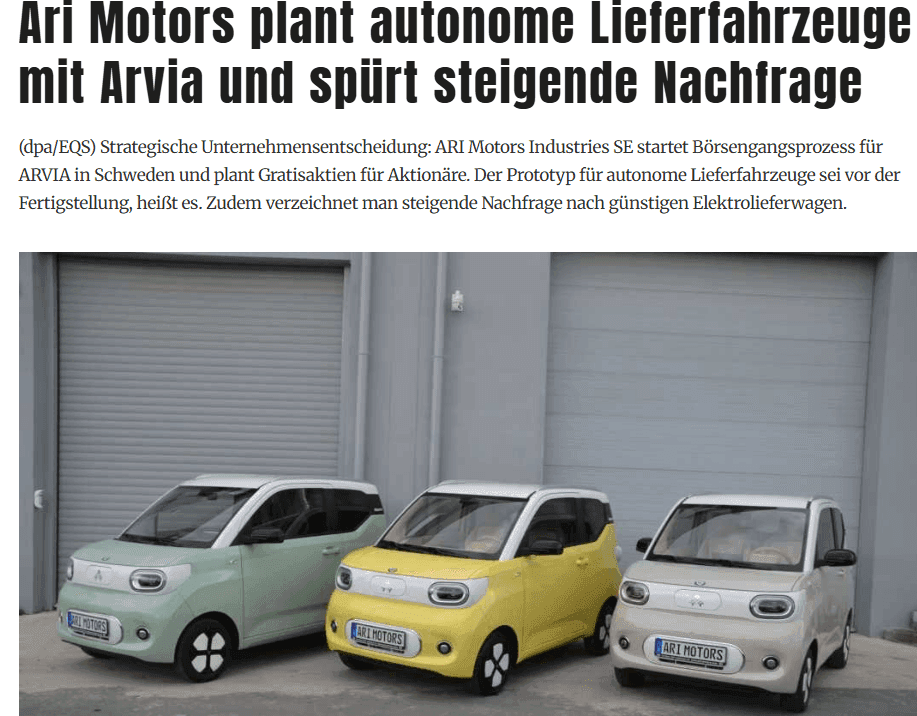 LOGISTRA berichtet über autonome Lieferfahrzeuge von ARI Motors und ARVIA