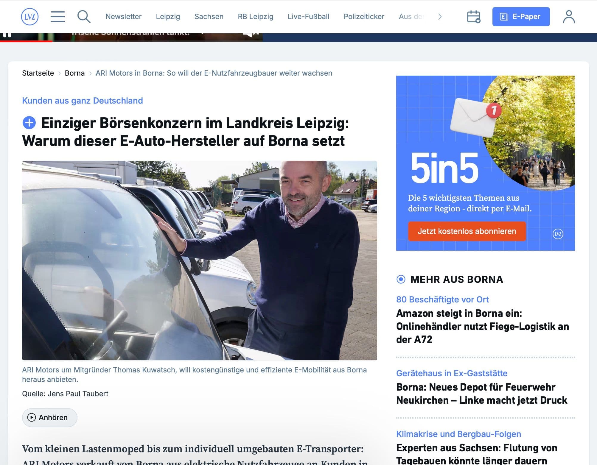 Leipziger Volkszeitung berichtet über die Wachstumspläne von ARI Motors in Borna