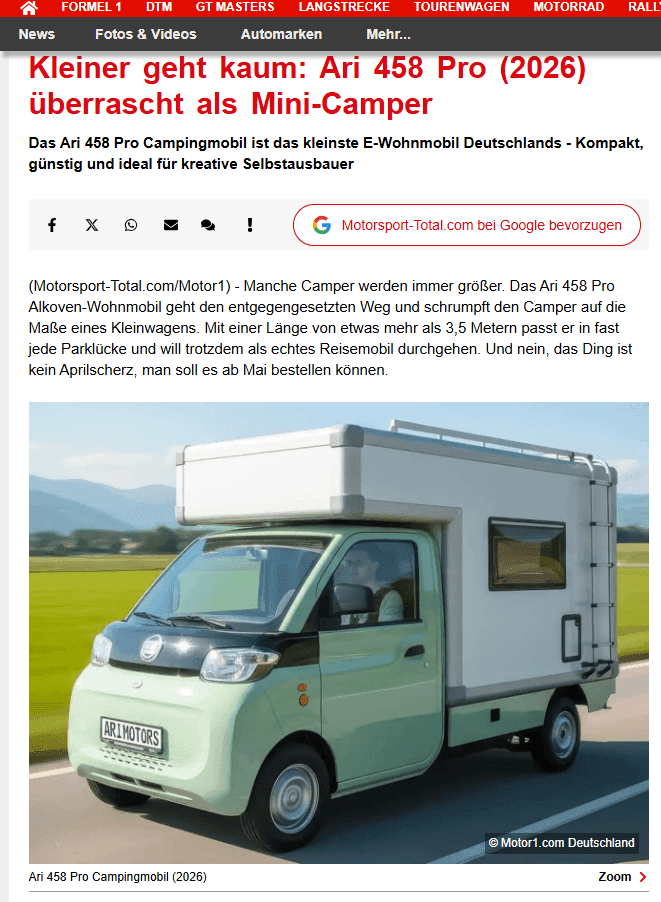 Motorsport-Total.com berichtet über das ARI 458 Pro Campingmobil