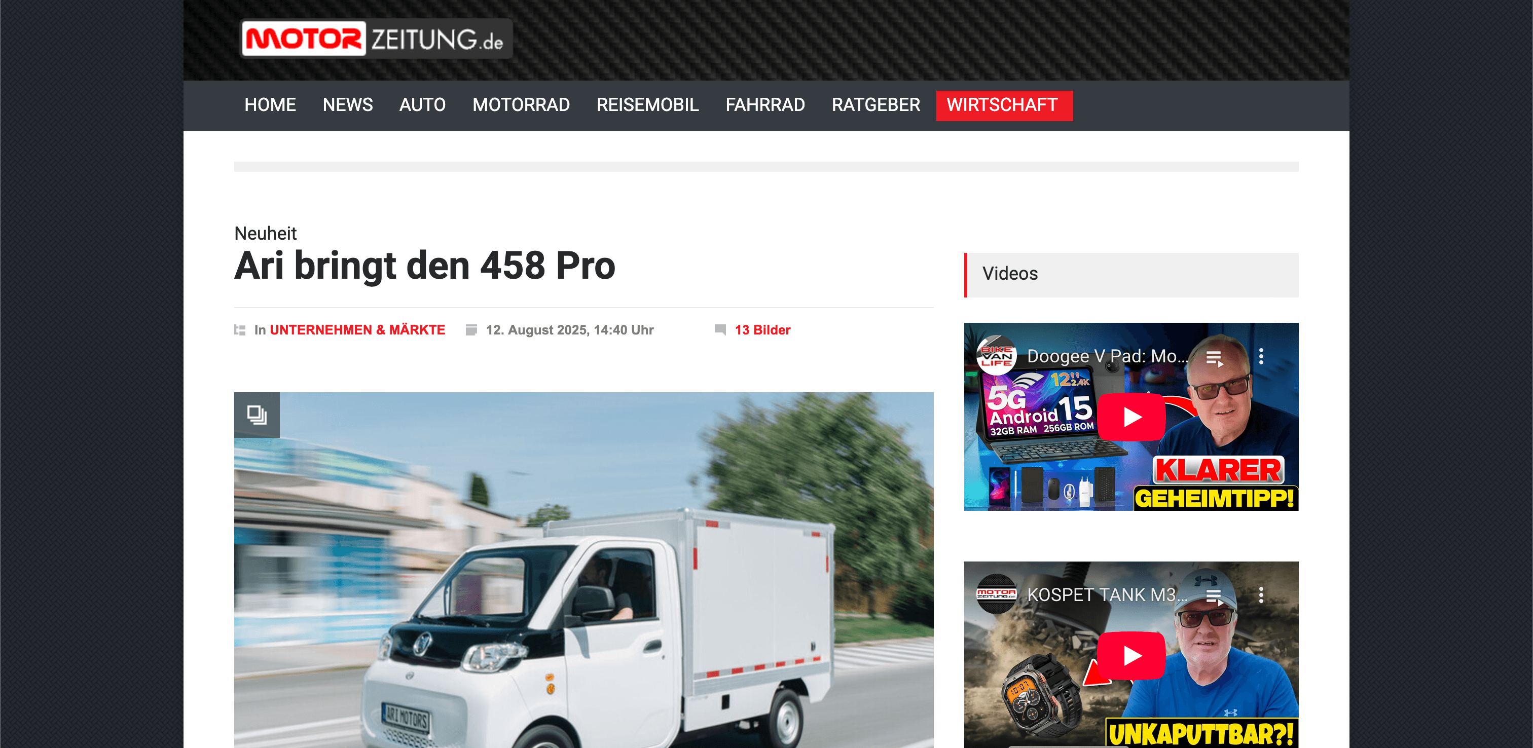 Motorzeitung berichtet über Neueinführung des ARI 458 Pro von ARI Motors