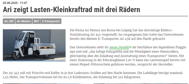 Electrive berichtet über elektrisches ARI Motors Lastenrad auf drei Rädern
