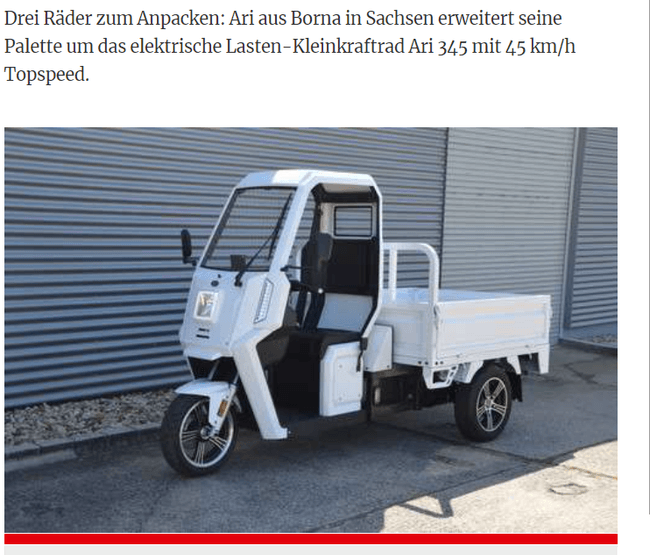 Transport Online nennt elektrisches Lastenmoped ARI 345 “kompaktes Dreirad”
