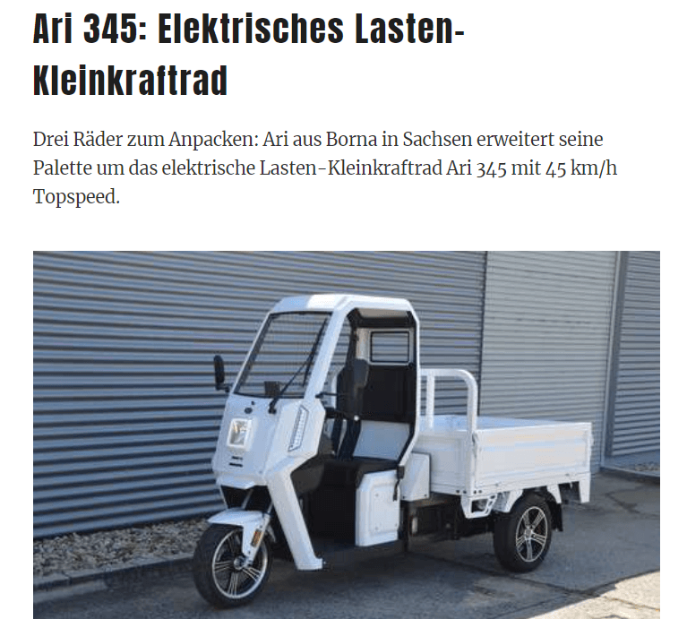 Vision Mobility über Erweiterung der Produktpalette von ARI Motors durch ARI 345