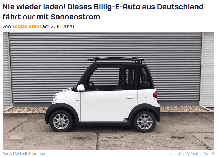 Chip-EMobilität über den kleinen Stromer mit Solarpanel, den ARI 804 Solar