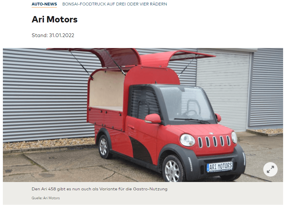 "Die Welt" über zwei neue elektrische Gastro-Fahrzeuge von ARI Motors