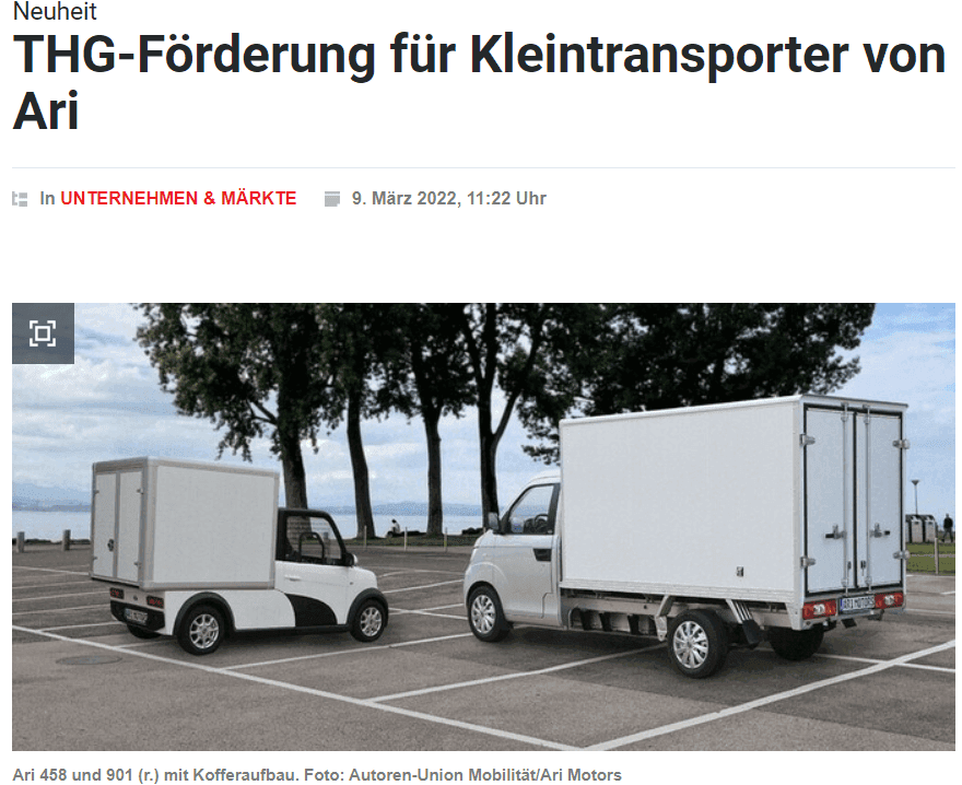 Motorzeitung informiert über neue THG-Förderung von ARI Elektrofahrzeugen