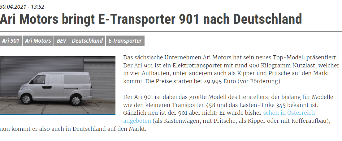 Electrive über das “neue Top-Modell von ARI Motors” - den ARI 901