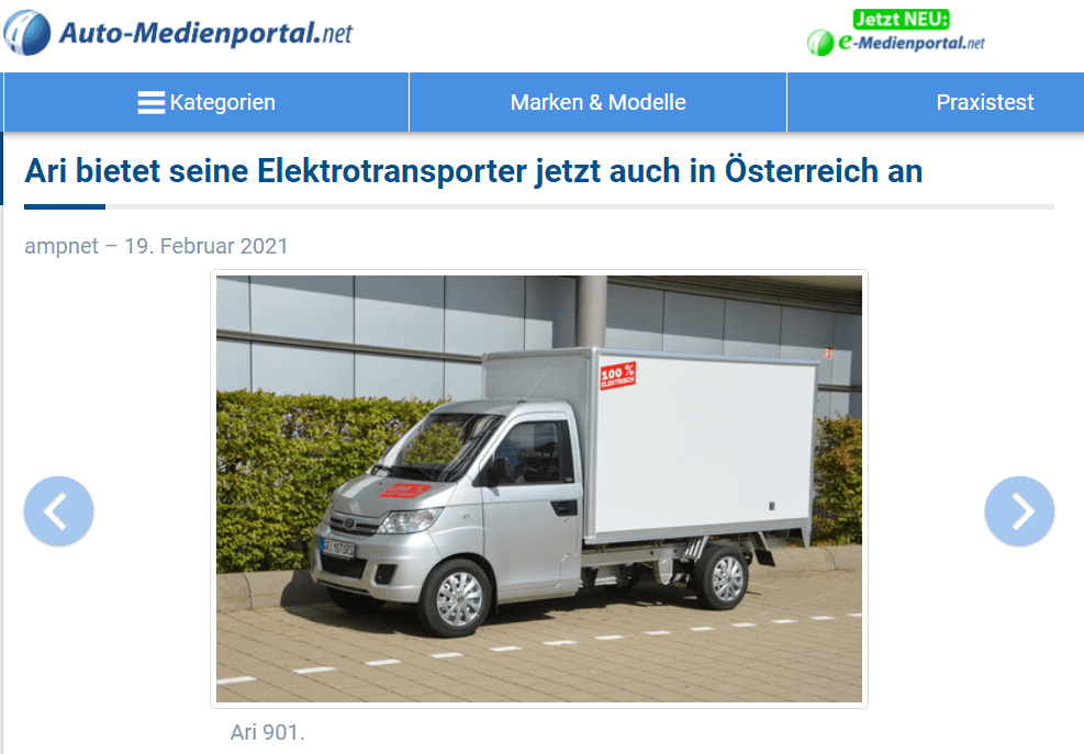 Auto-Medienportal über Direktvertrieb von ARI Motors Elektrofahrzeugen in Österreich