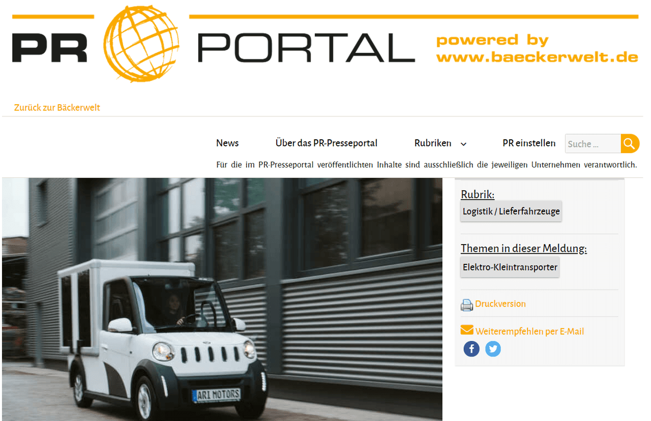 Presseportal “Bäckerwelt” freut sich über umweltfreundlichen und sparsamen ARI 458 Solar