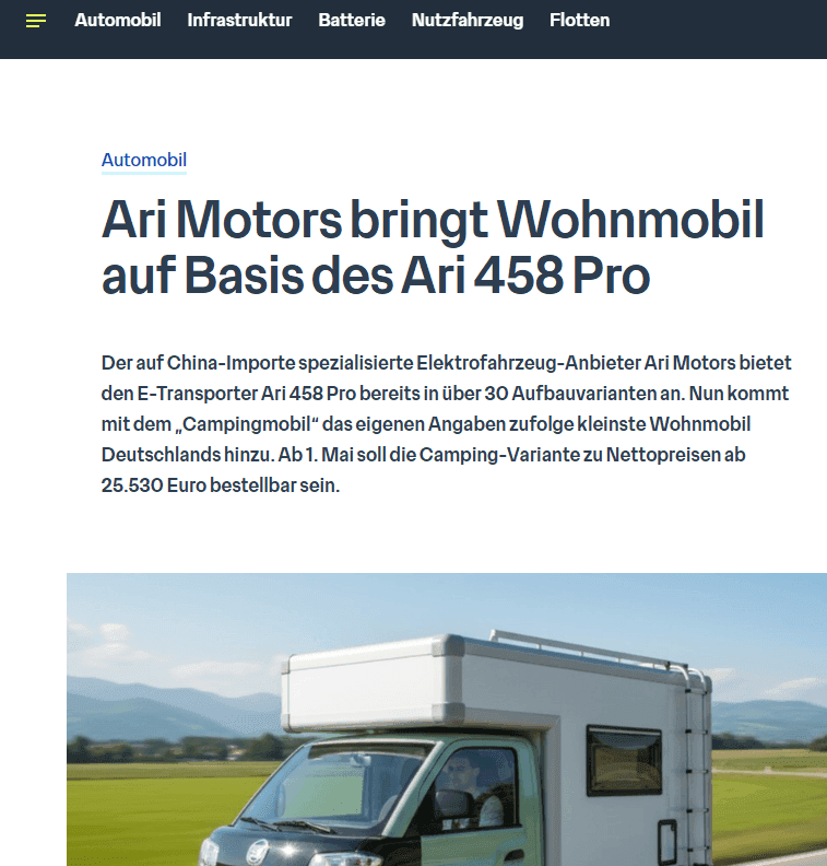 electrive.net berichtet über das ARI 458 Pro Campingmobil