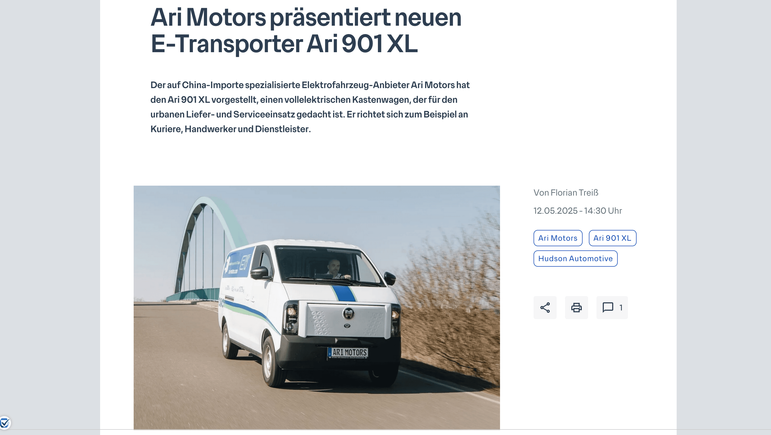 Electrive über den ARI 901 XL: Preisgünstiger E-Transporter für Stadt und Handwerk