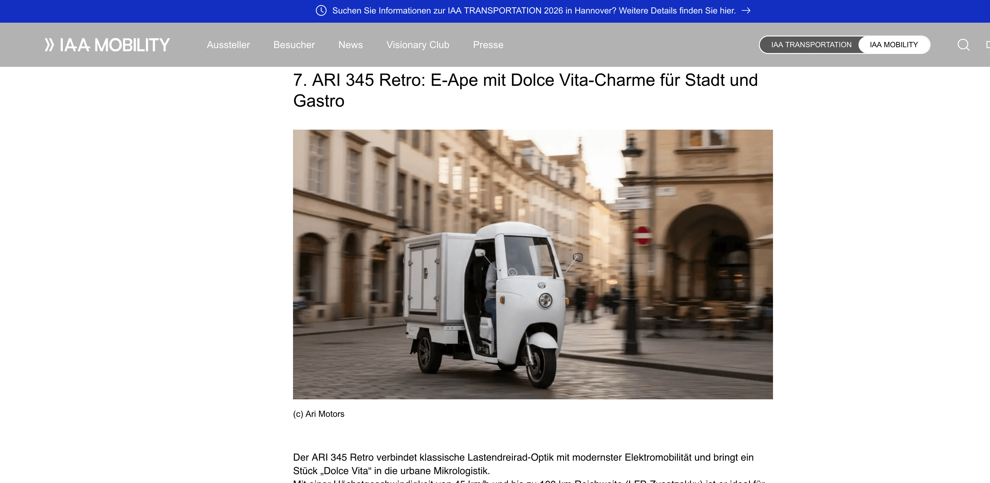 IAA Mobility Weekly News: ARI 345 Retro als stylisches E-Lastentrike für die moderne City-Logistik