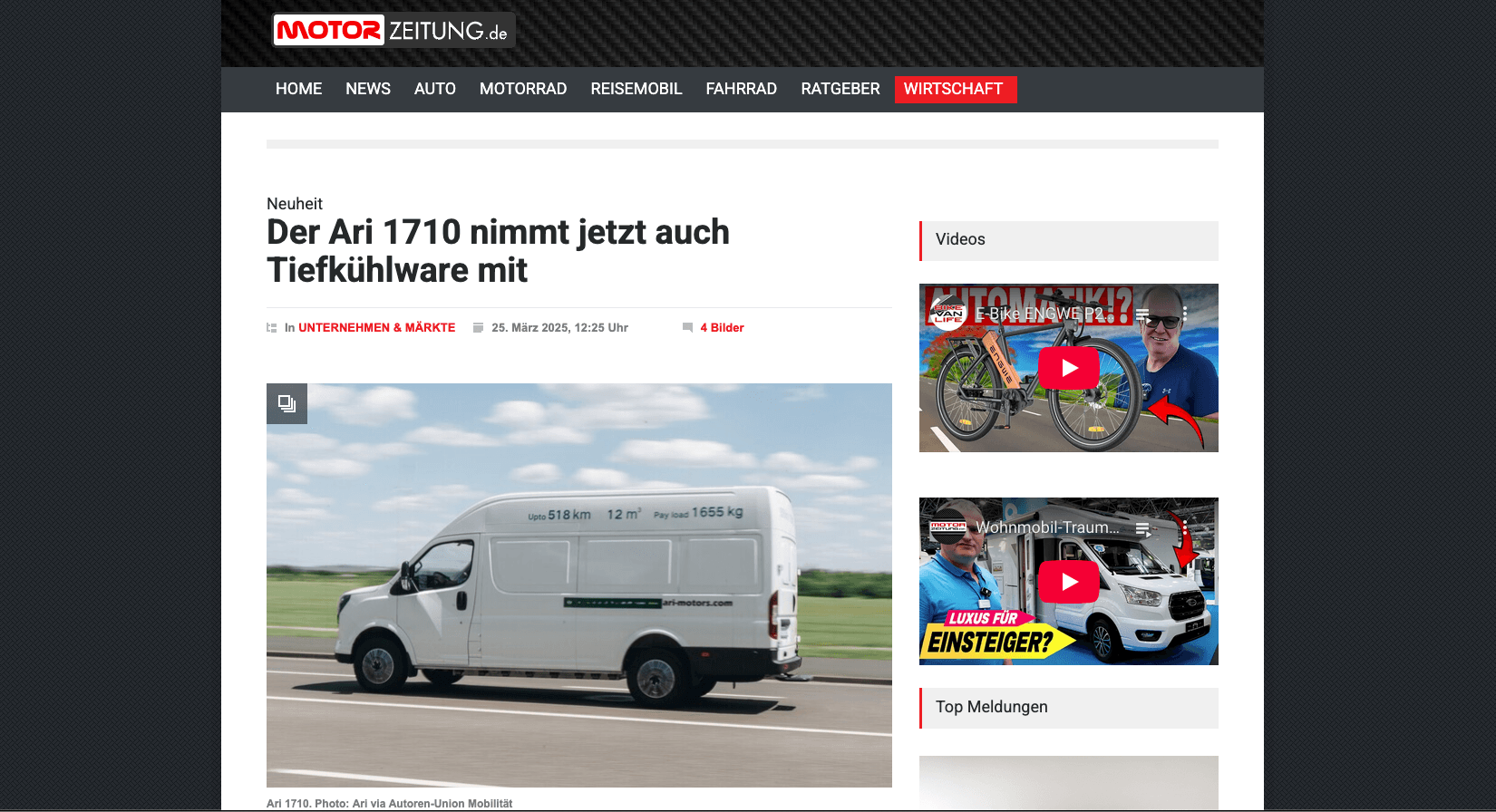 Motorzeitung berichtet über ARI 1710 als Elektro-Kühltransporter