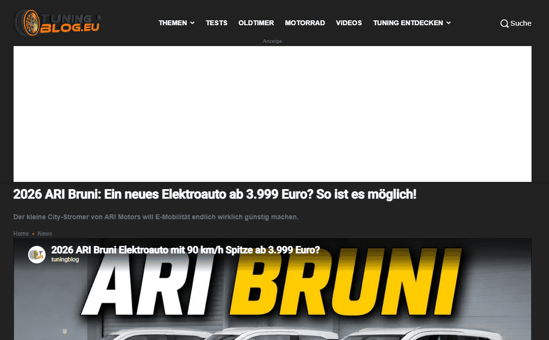 tuningblog.eu berichtet über den ARI Bruni als günstigstes E-Auto