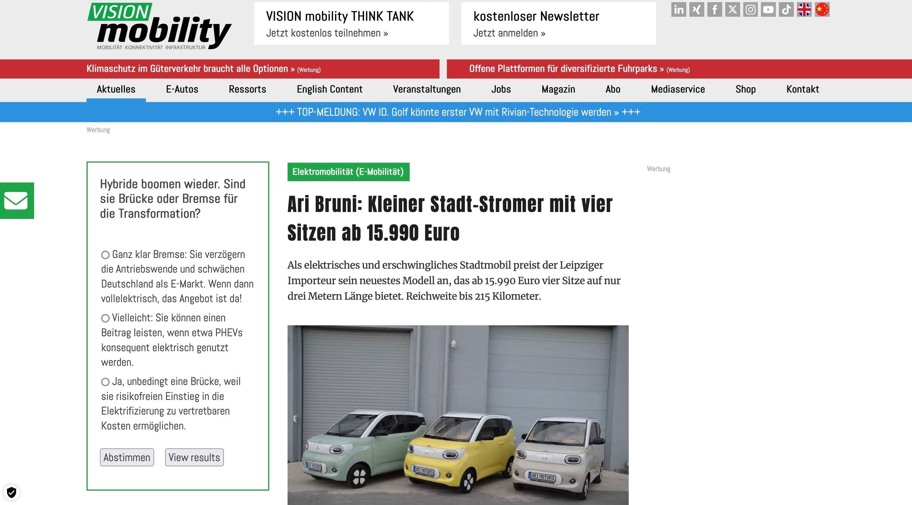 Vision Mobility stellt den ARI Bruni vor, einen kleinen Stadt-Stromer mit vier Sitzen